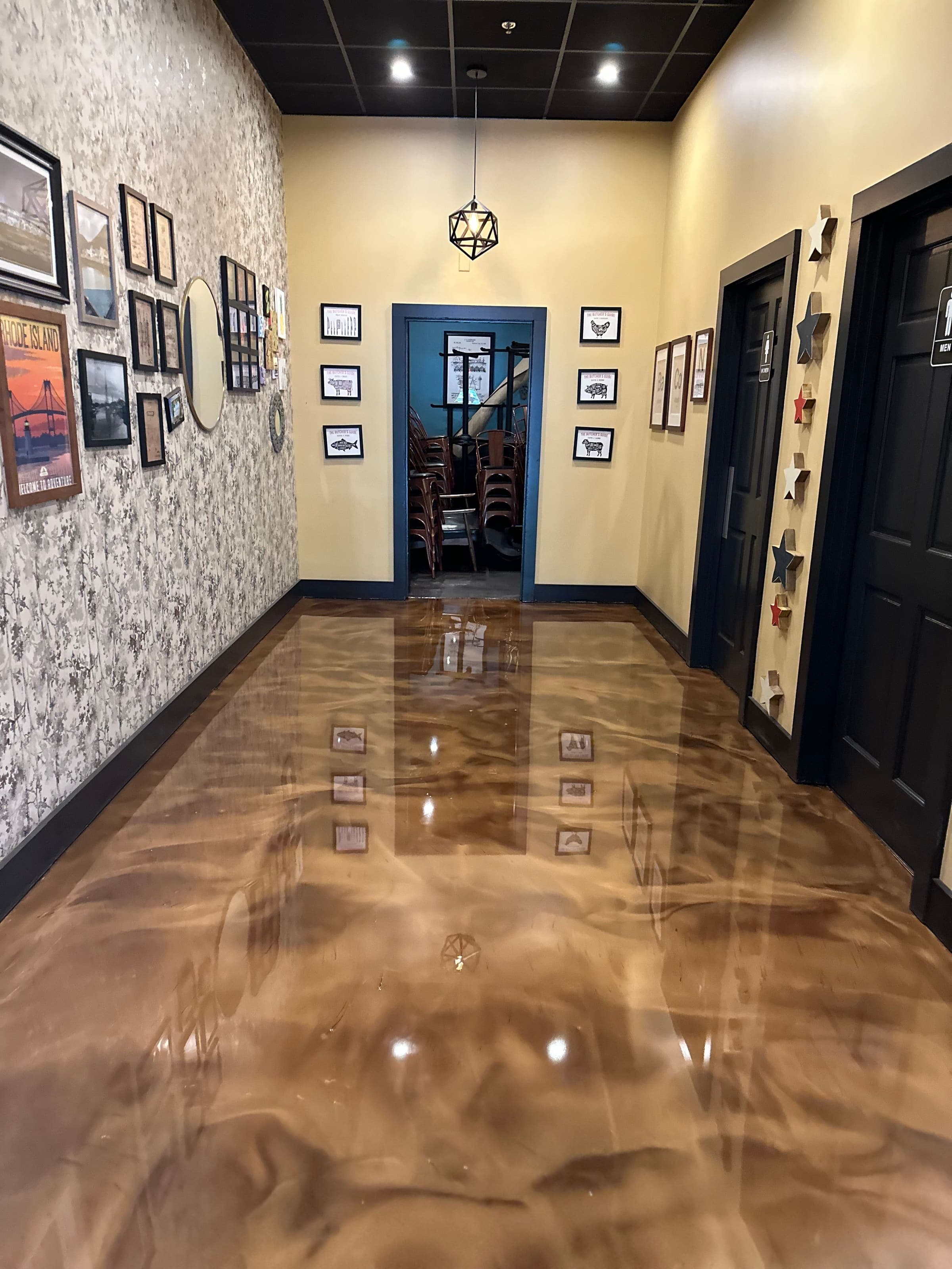 Bronze metallic epoxy in a commercial hallway