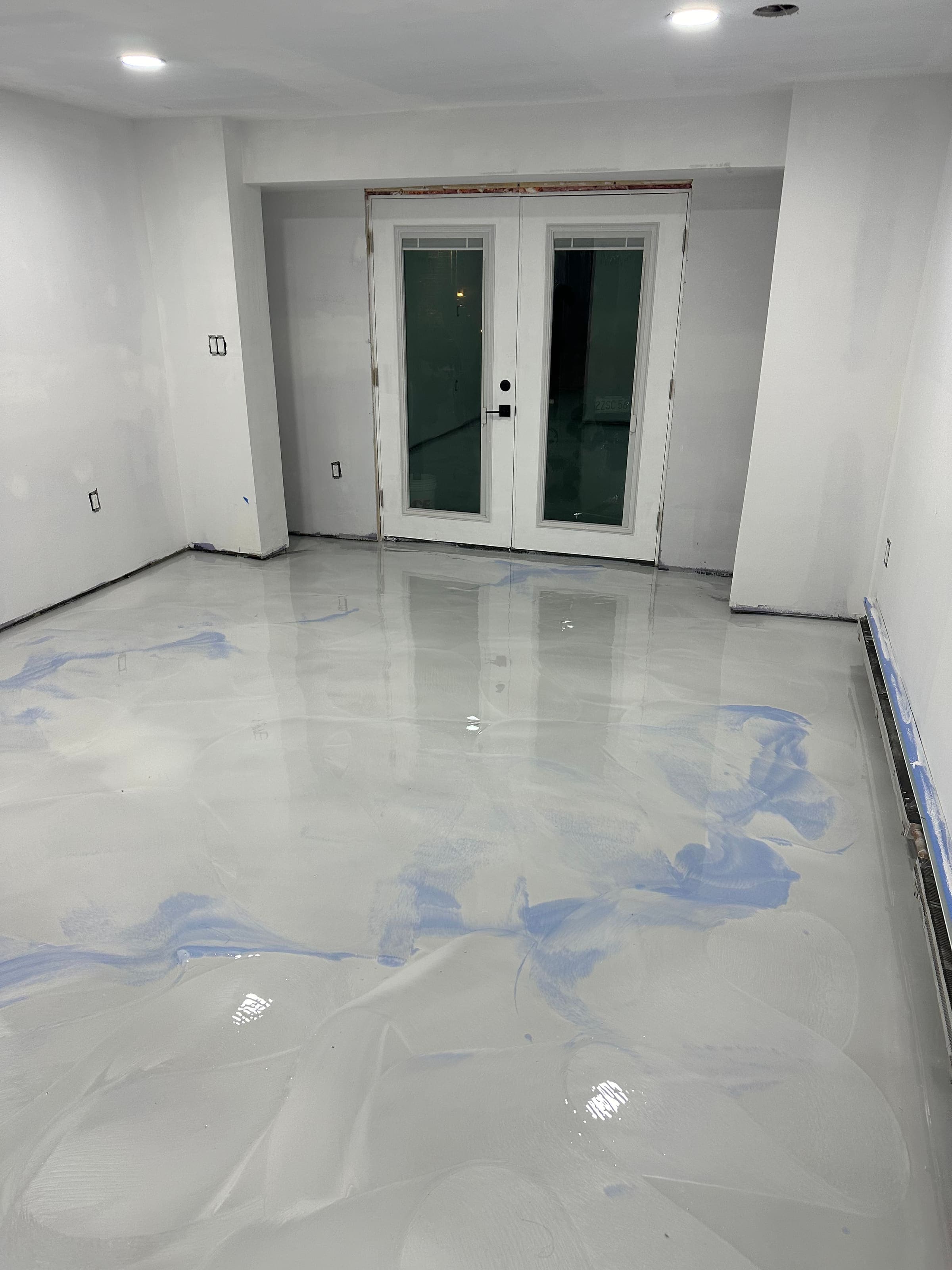 Pearl metallic epoxy floor by French doors